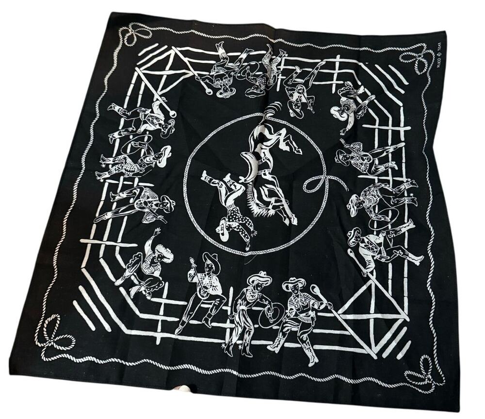 Western Bandana, Black & White, Cowboy With Rope Accents, 21" x 21"